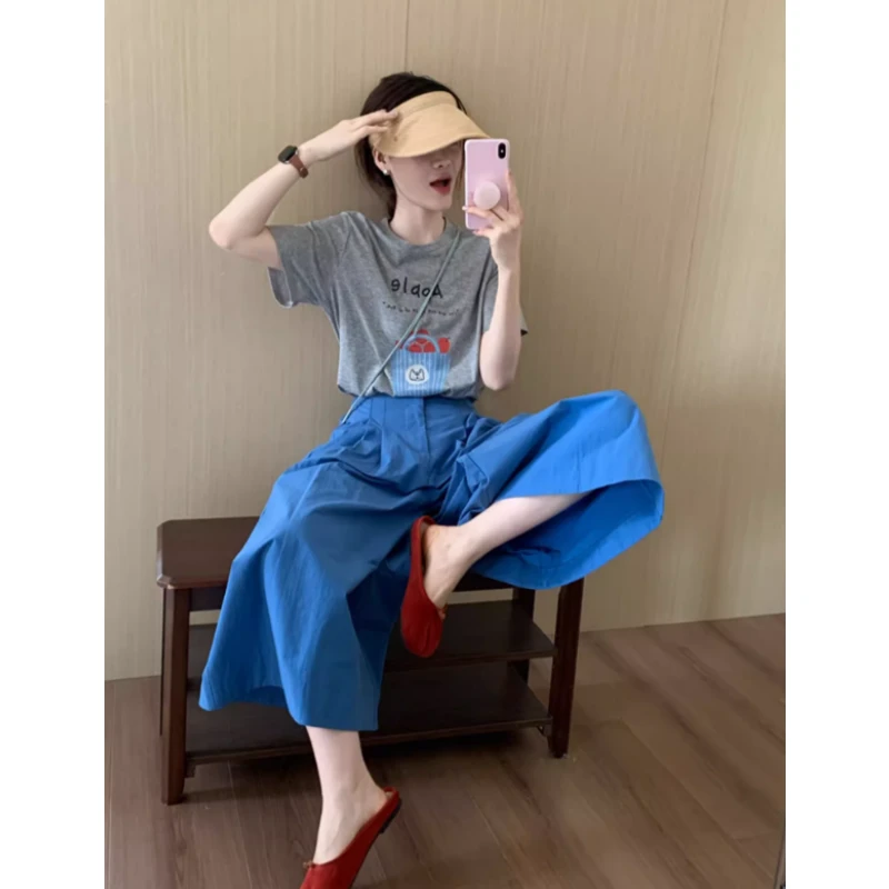 灰色苹果印花慵懒风宽松正肩短袖t恤女2025新款夏季chic韩系套装