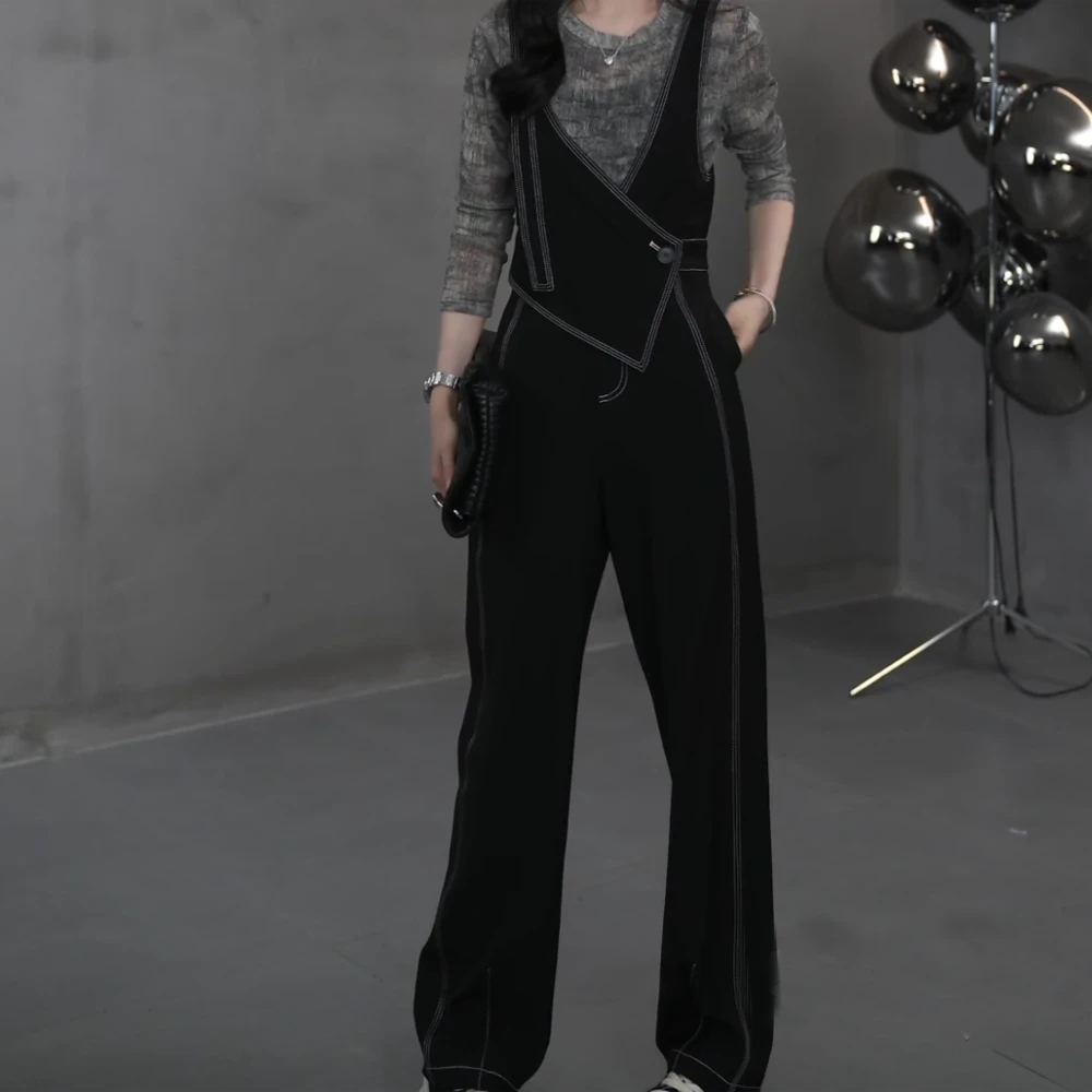 B时尚重工设计师双肩带酷飒风纯色显瘦连体裤休闲裤裤子