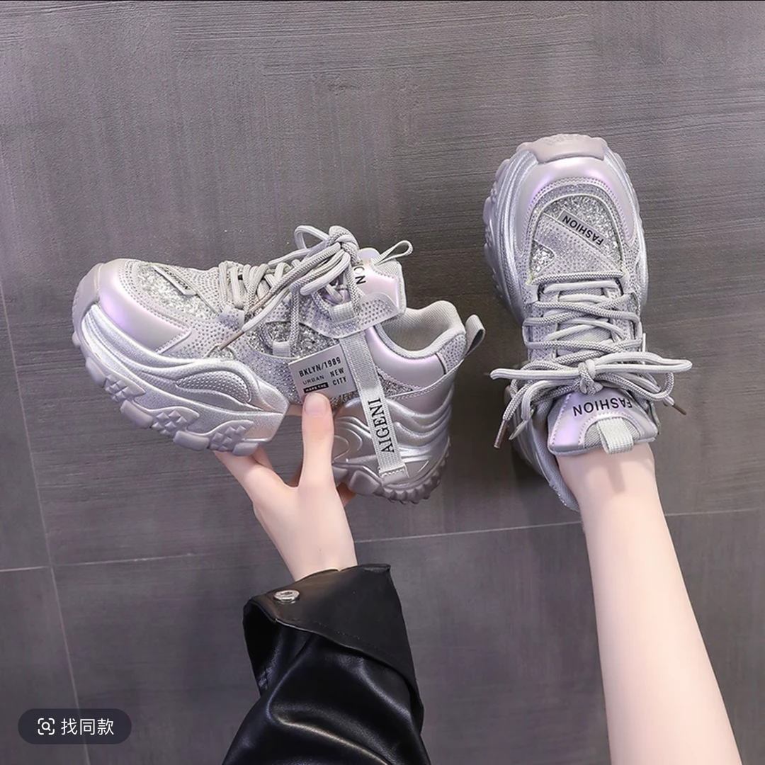 【大爆款】2025秋季新款单鞋亮片透气老爹鞋增高7cm百搭休闲运动鞋
