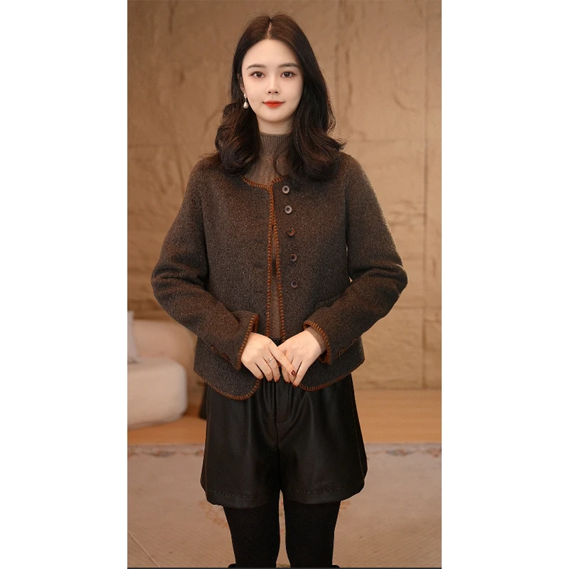 【小陈甄选】曼贝秋冬新款高端100％羊毛大衣短款8584032A琥珀棕