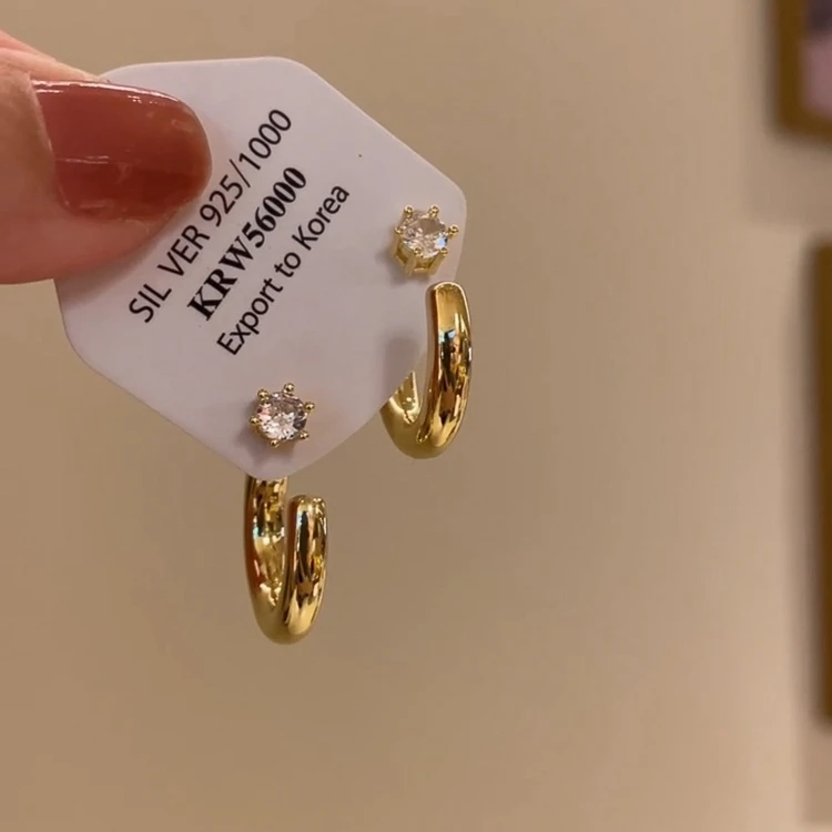 铜合金耳饰 金色简约风C型锆石耳钉女轻奢气质高级感一款两戴耳饰