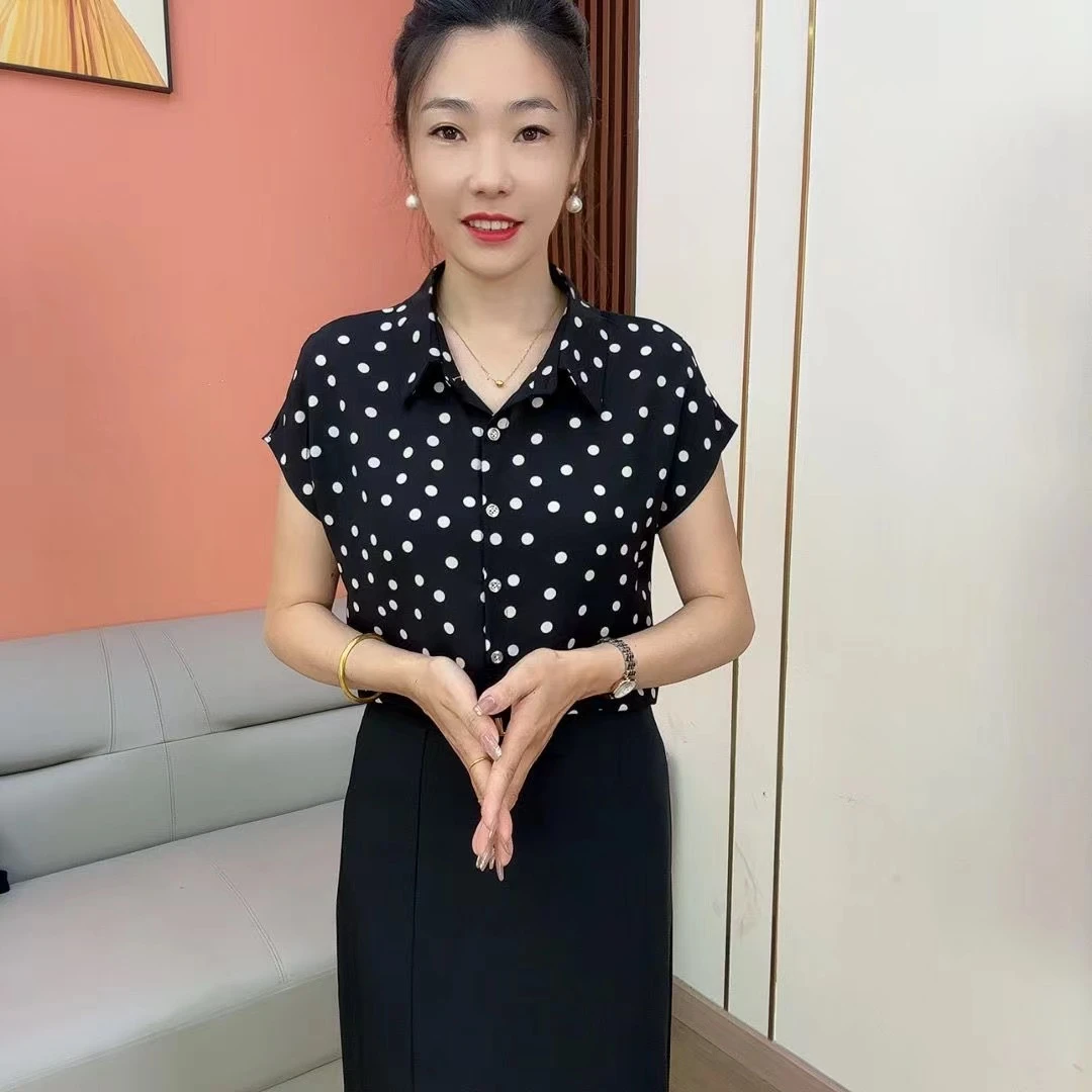 夏季新款POLO开衫衬衫洋气百搭气质显瘦波点衬衫#8970#