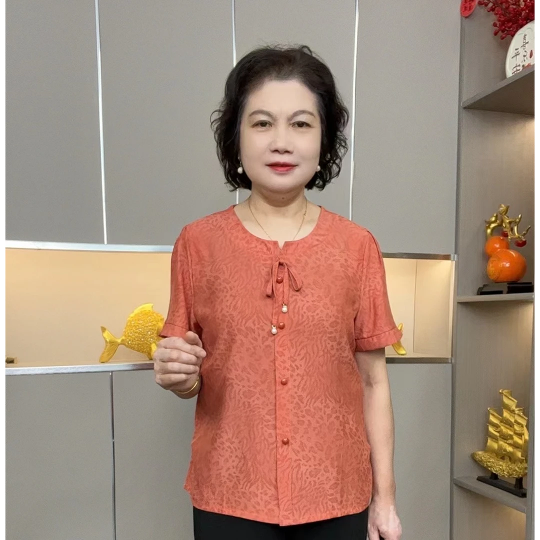 2025夏季新款法式圆领绑带简约套头短袖女时尚小衫时尚上衣妈妈装