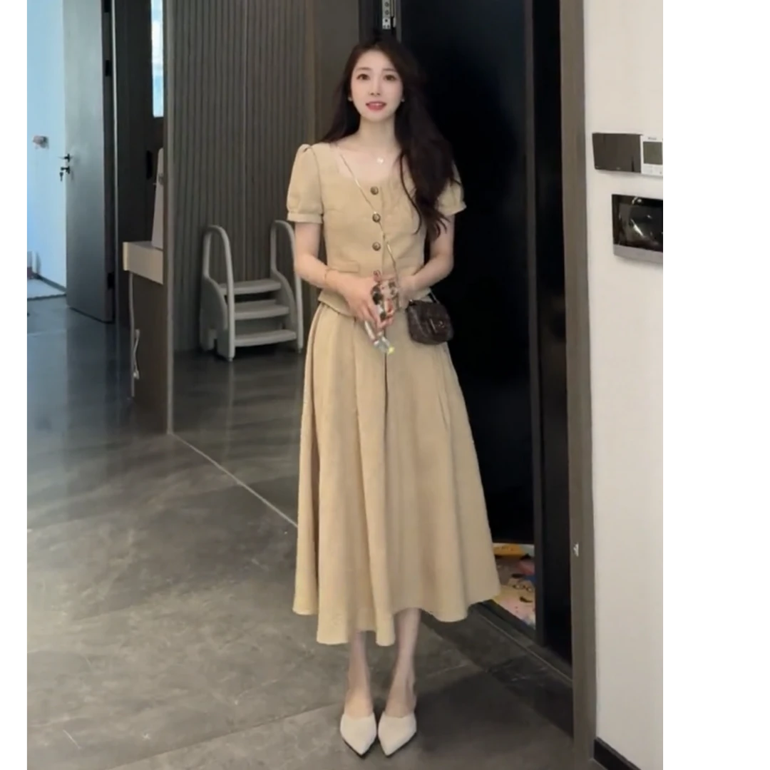 【壹壹】夏季高级感气质收腰卡其千金套装上衣+高腰半裙 2505Z05