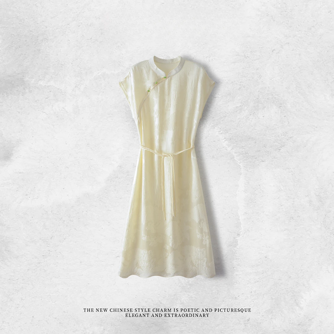 【惊鸿】新中式国风春夏款显瘦冠乐绉手工盘扣连衣裙XYL24572-1