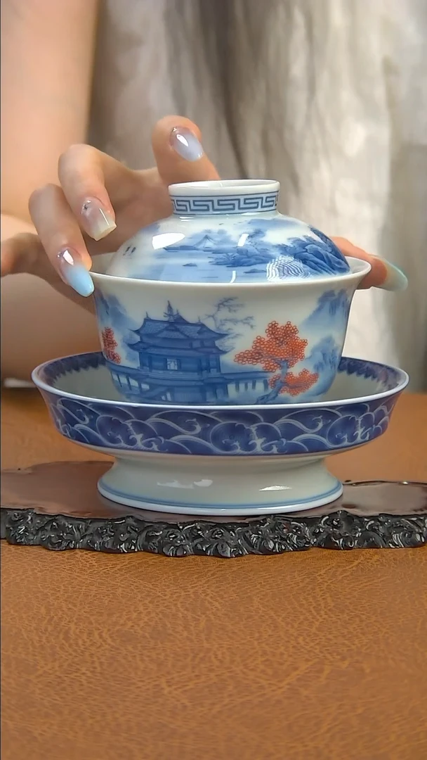 景德镇手工青花江山赋高足三才盖碗