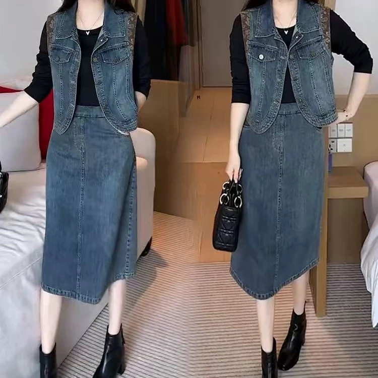 2025秋季新款时尚洋气穿搭气质休闲显瘦收腰减龄长袖牛仔套装