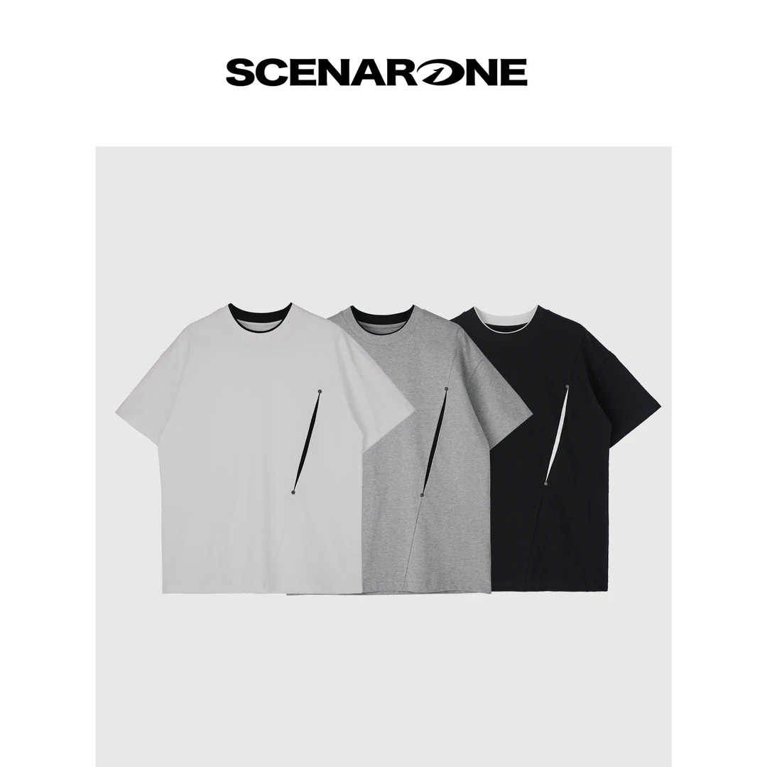 春夏休闲短袖分割明线拼接设计感舒适透气T恤