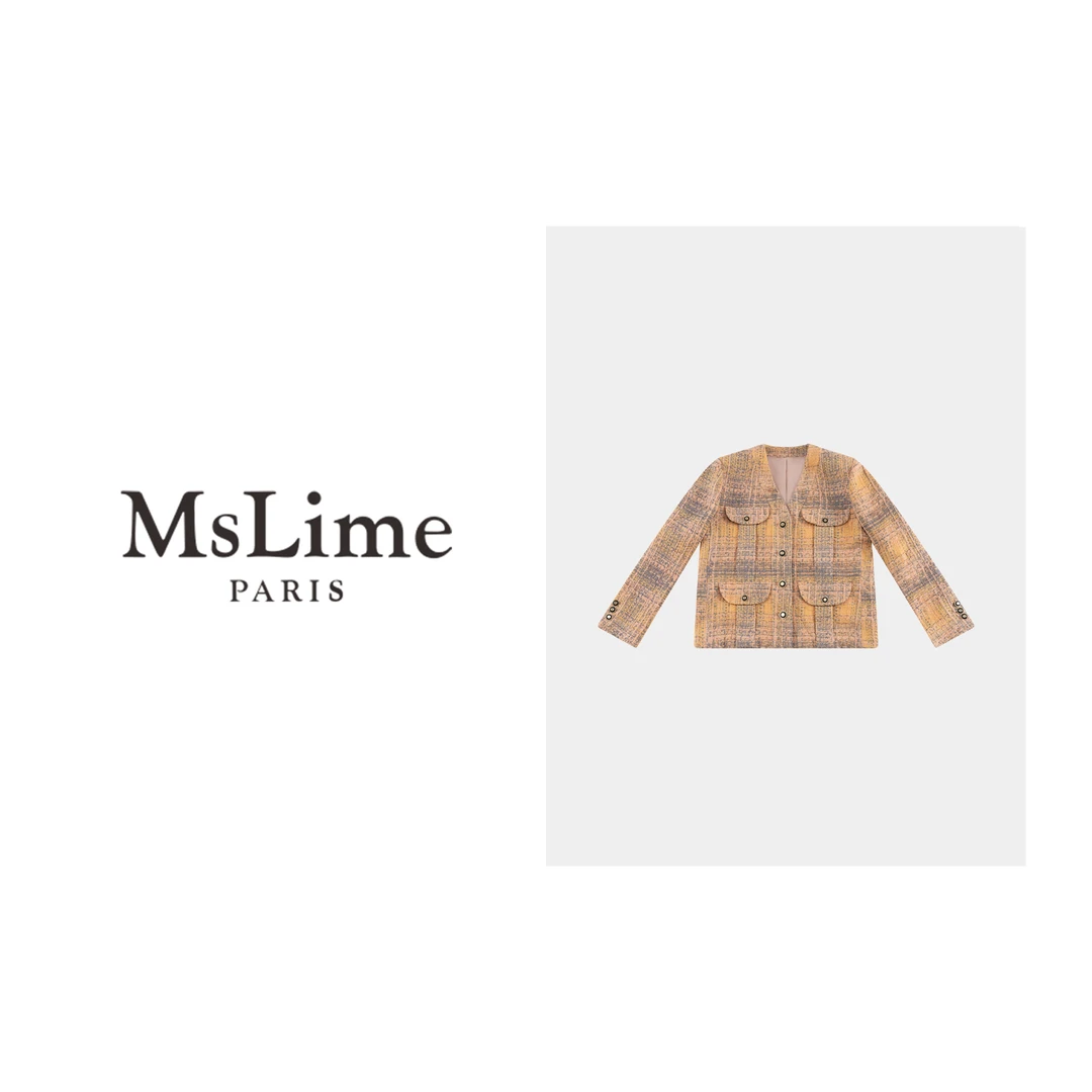 王嬛嬛MsLime25年’蜜语‘时尚冬季小香风V领格纹外套 HC2D3465