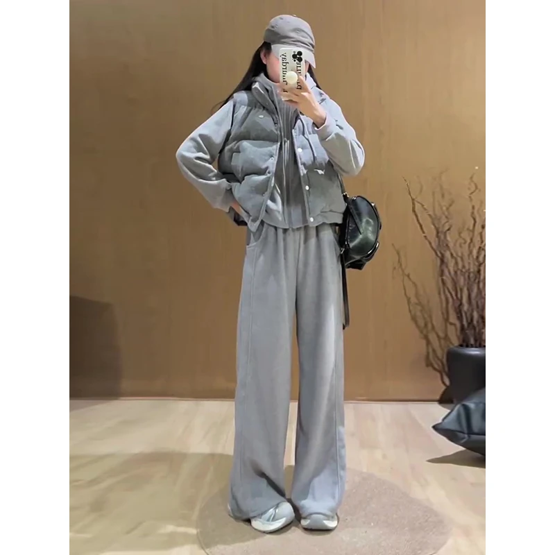 韩版休闲运动套装女冬季新款连帽加绒加厚卫衣卫裤棉马甲三件套