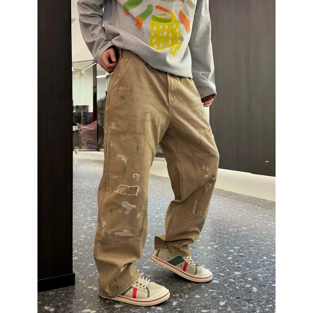 RICH陈发财【泼墨伐木裤】脏脏的复古手绘涂漆宽松时尚休闲男工装裤