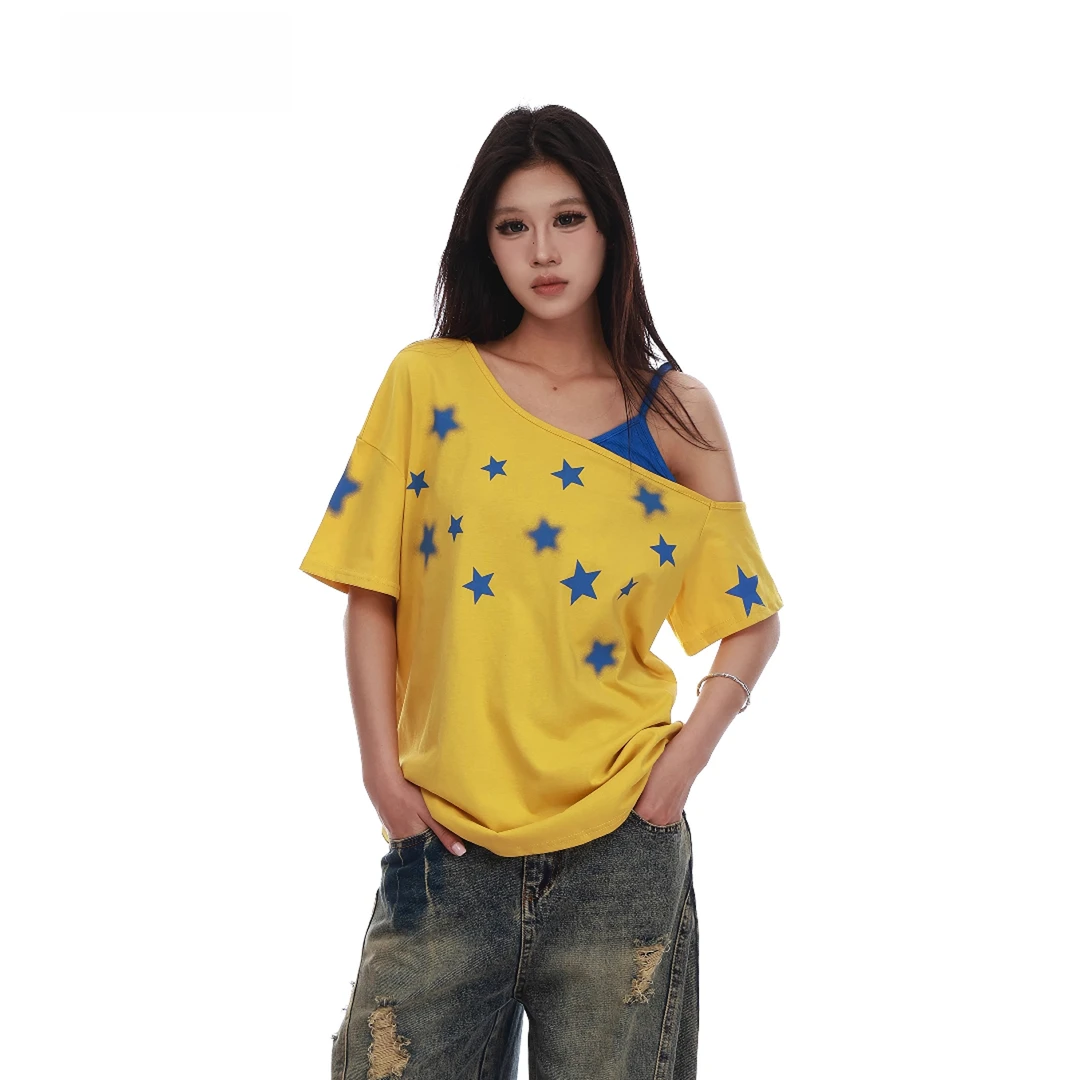 美式星星印花黄色斜肩吊带时尚风短袖T恤多巴胺夏女独特漂亮上衣