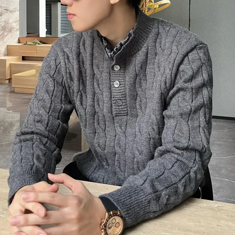 秋冬重磅休闲亨利领男士毛衣老钱风假两件休闲提花加厚保暖针织衫