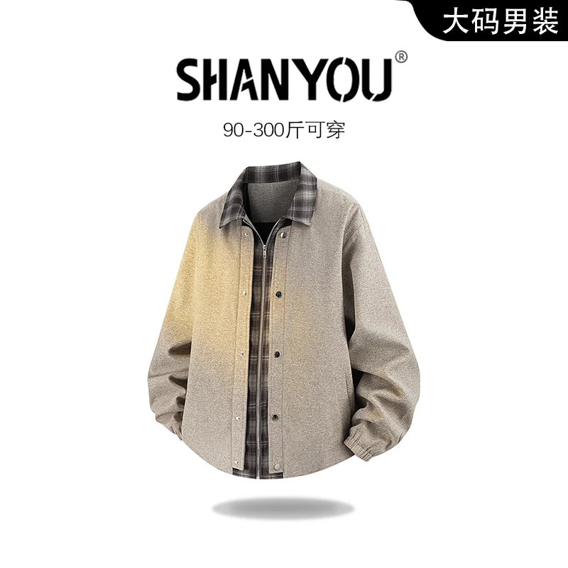 假两件格子夹克外套男士春秋季新款美式休闲百搭透气潮牌翻领上衣