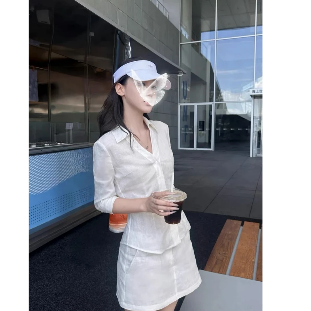 智性氧气感气质高质麻衬衫短裙套组休闲风时尚套装衬衫显瘦侘寂风