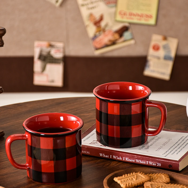 PoCoo 红黑经纬织就复古温度 美式安哥拉红马克杯红黑格子咖啡杯
