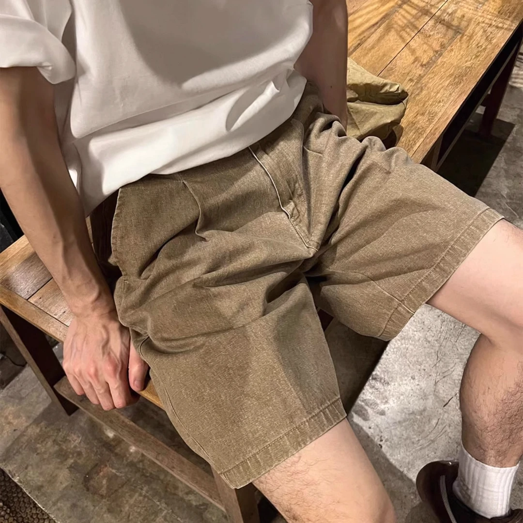 优桓潮牌美式复古休闲咖色牛仔短裤男夏季休闲宽松百搭直筒五分裤