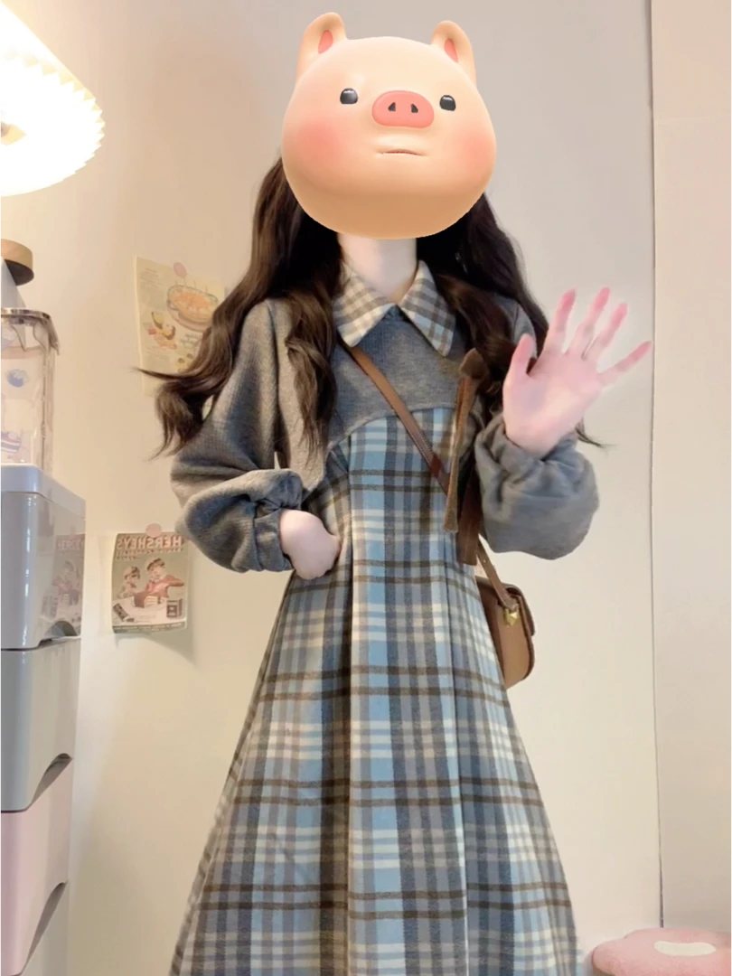 2025秋冬穿搭一整套女盐系减龄灰色长袖搭配连衣裙气质显瘦两件套