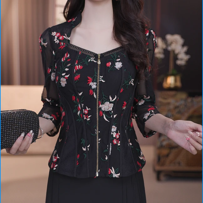 SUSSI/古色【织秋意】v领复古中长袖拉链网纱刺绣碎花显瘦