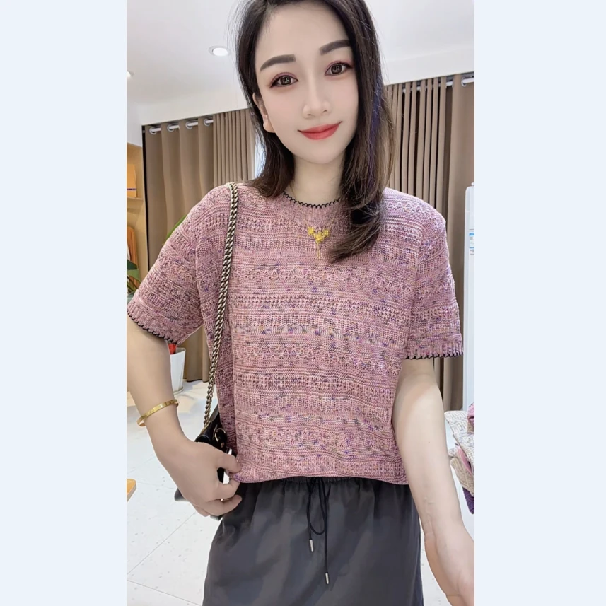 【星空幻彩】薄款圆领针织衫短袖夏装新款时尚洋气宽松百搭套头上衣
