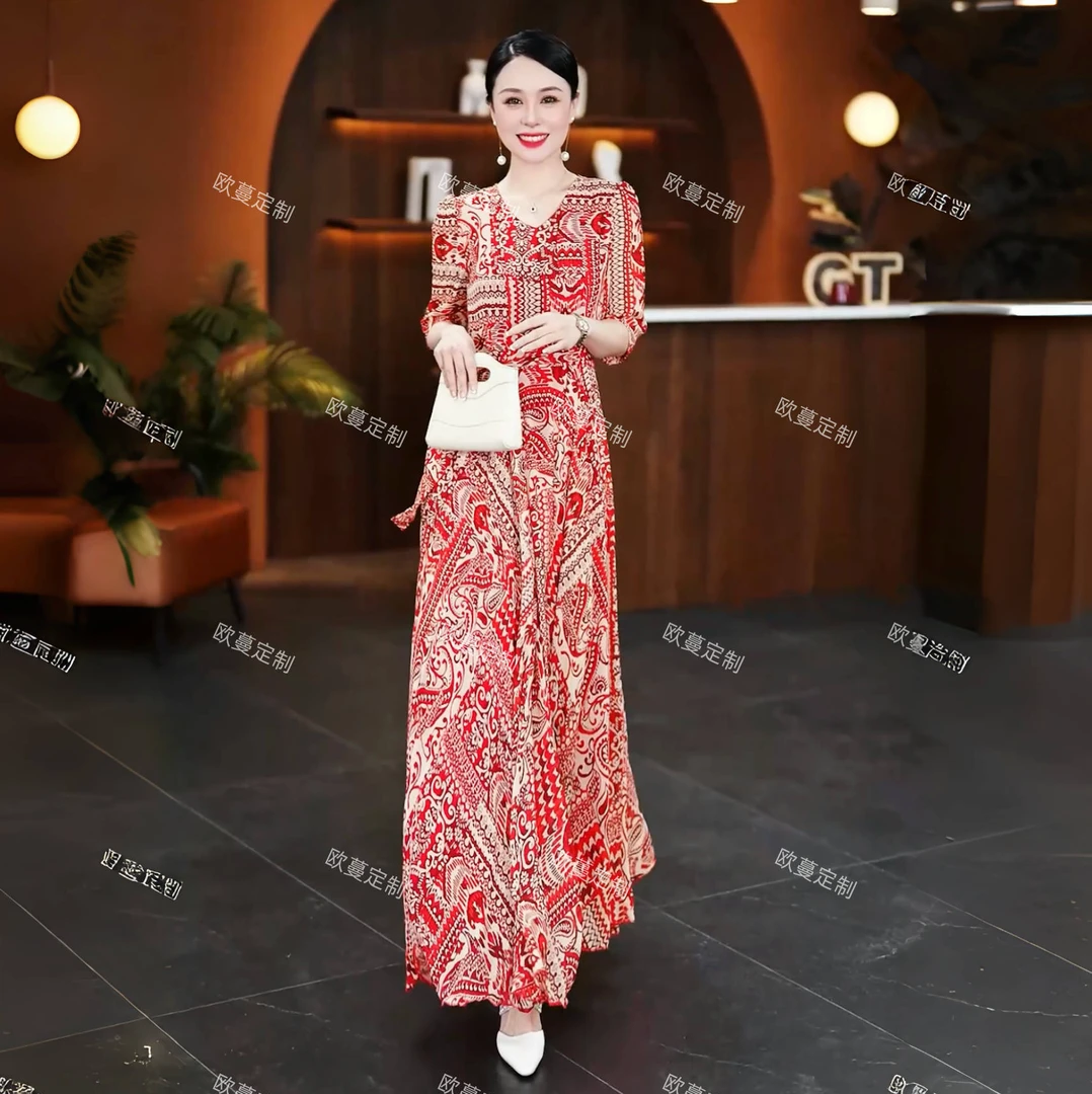 欧蔓08-78夏季大码气质碎花女士连衣裙收腰显瘦时尚长裙