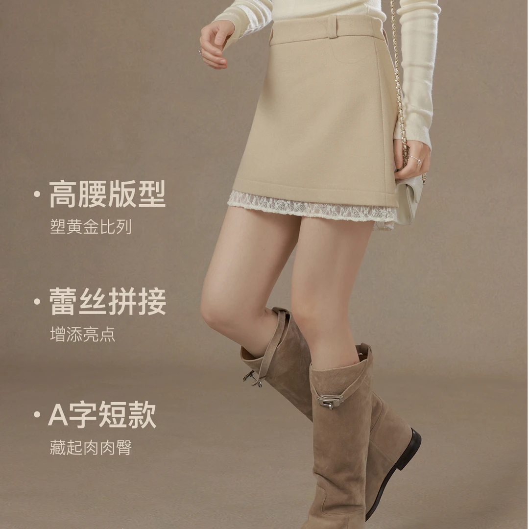 花栗鼠小姐蒂斯短裙 甜美风蕾丝摆A字短款毛呢半裙