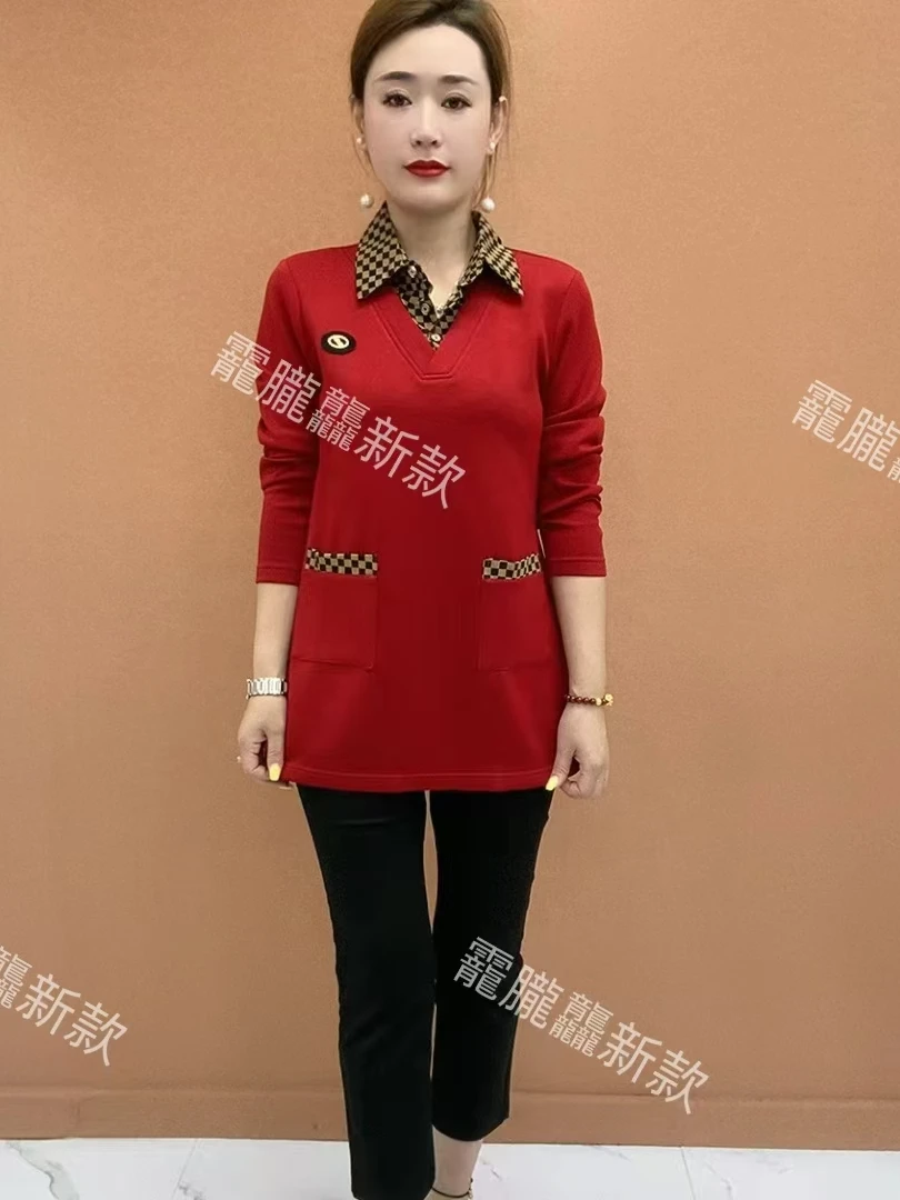 中老年女装大码200斤T桖衬衫领妈妈装卫衣