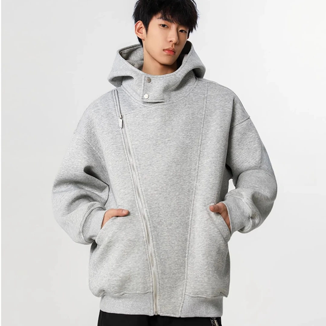 懒慵复古机车双拉链开衫空气层连帽卫衣秋冬季男女装重磅情侣外套