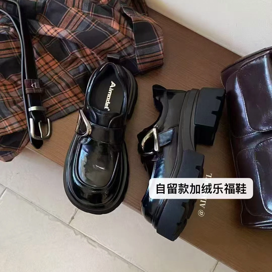 英伦风加绒乐福鞋粗跟女鞋百搭圆头20251101