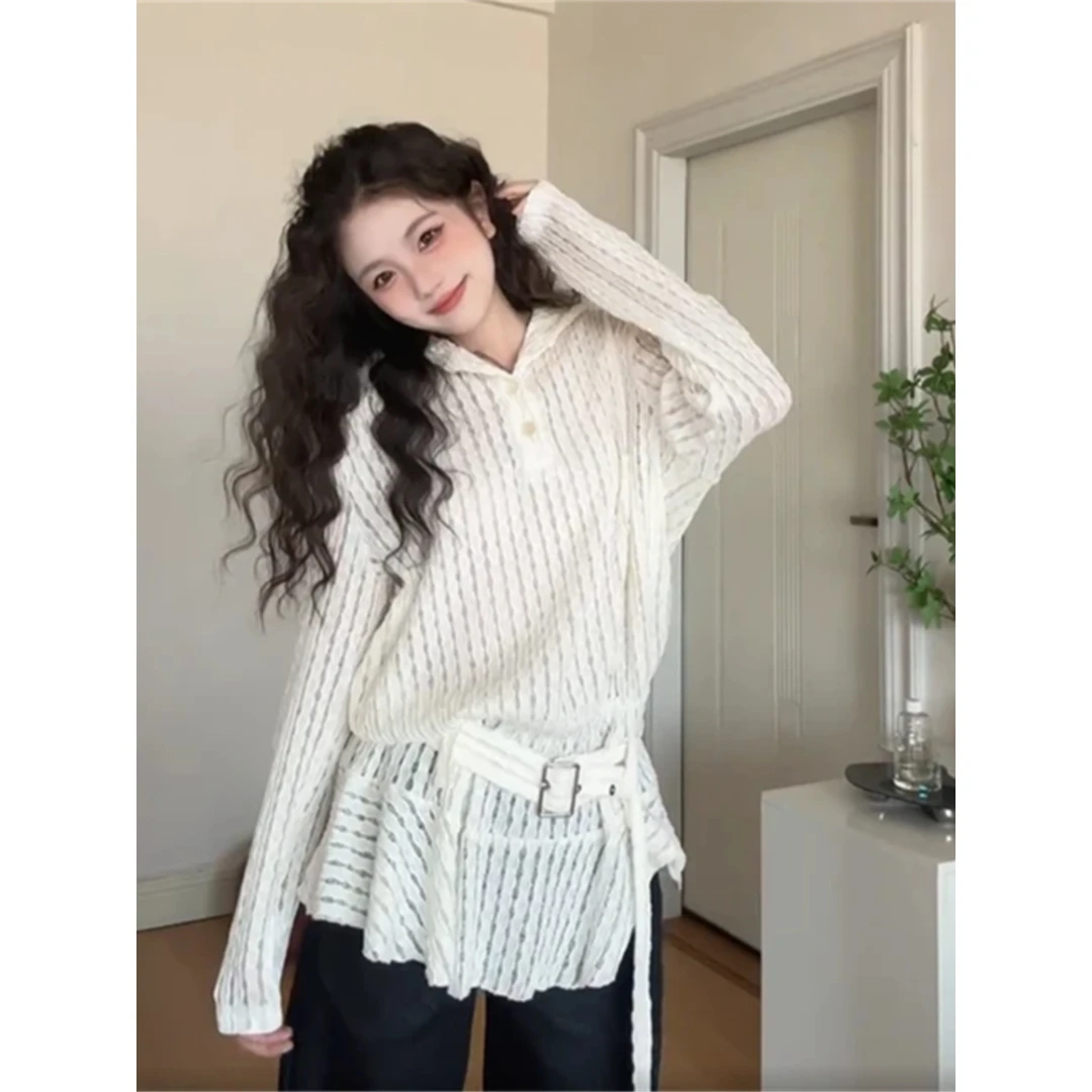 白色蕾丝镂空连帽防晒长袖衬衫女夏季设计感小个子宽松荷叶边上衣
