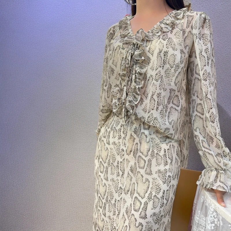 2025新款豹纹时尚女士夏季套装气质上衣长袖