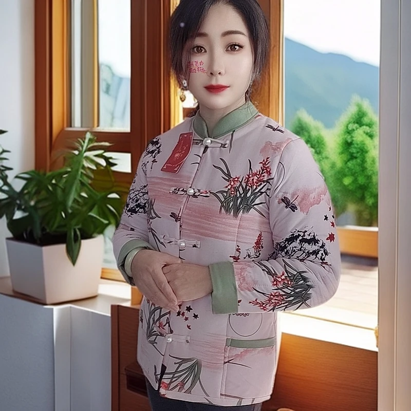 新中式长袖厚款保暖绣花立领提花秋冬棉服