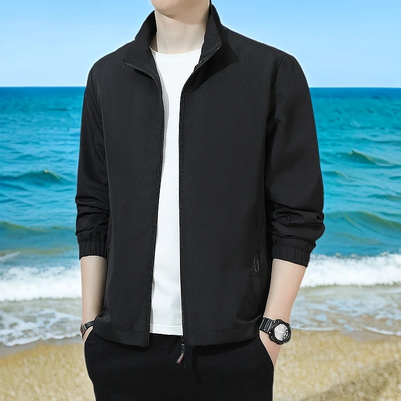 春秋新款纯色立领男士夹克薄款宽松百搭韩版帅气修身休闲外套