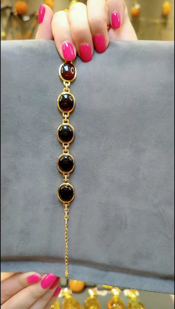 银S925镀金镶嵌血珀手链﹣E711琥珀手链