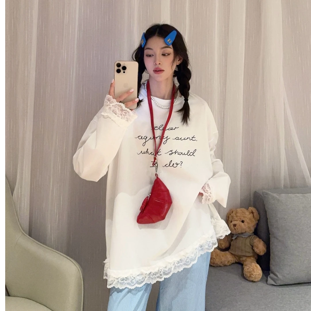 格姐家~设计感蕾丝花边内搭圆领打底衫2502-3（衣长73胸围128）