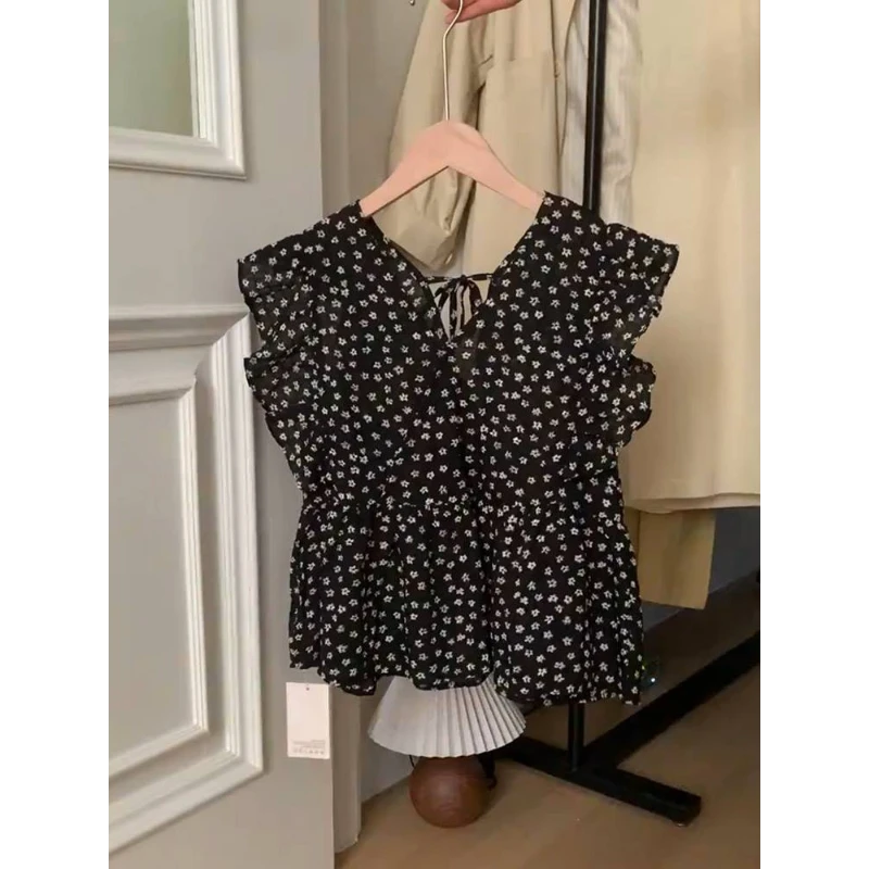 好看哭了！一眼迷上！时尚飞飞袖V领上衣女气质碎花显瘦薄款雪纺衫