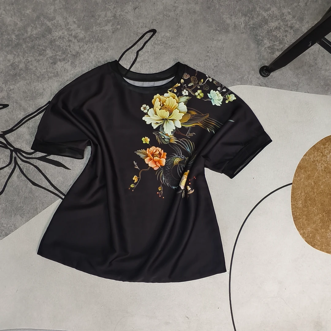 【SHY 服饰】C401004 百搭印花圆领宽松薄款半袖女装衬衫女士潮流