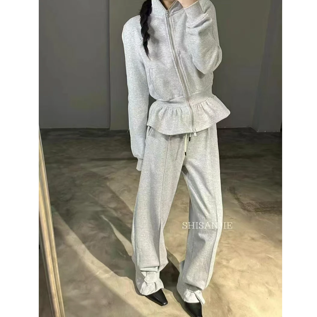 1-016欧货春季新款时尚荷叶边拉链卫衣外套+休闲裤套装女两件套潮