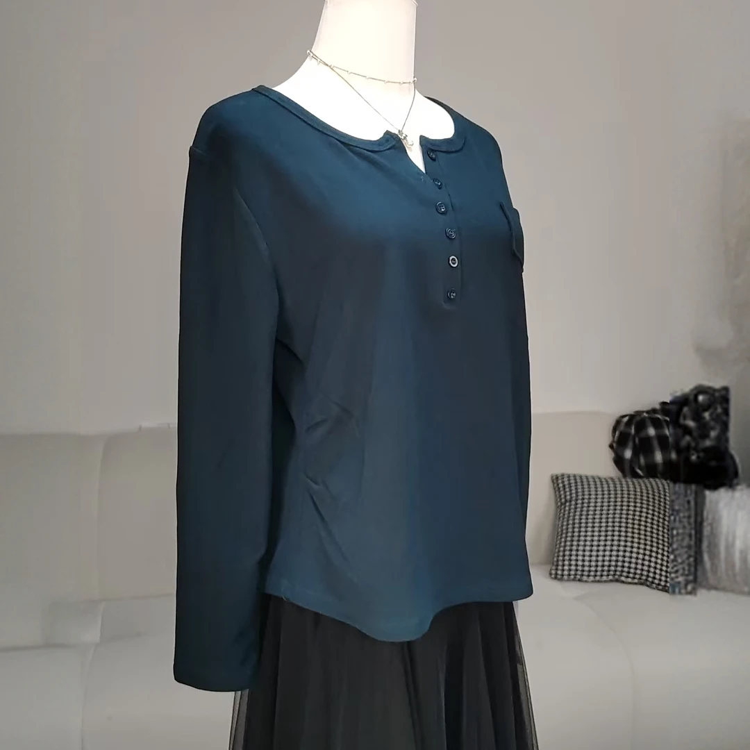 【熙小范】518纽扣长袖宽松型半开领T恤打底衫运动加绒