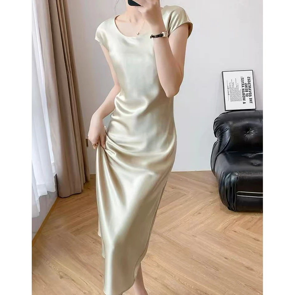 夏季荡领纯色法式A字裙连衣裙无袖轻奢长裙圆领时尚显瘦气质性感