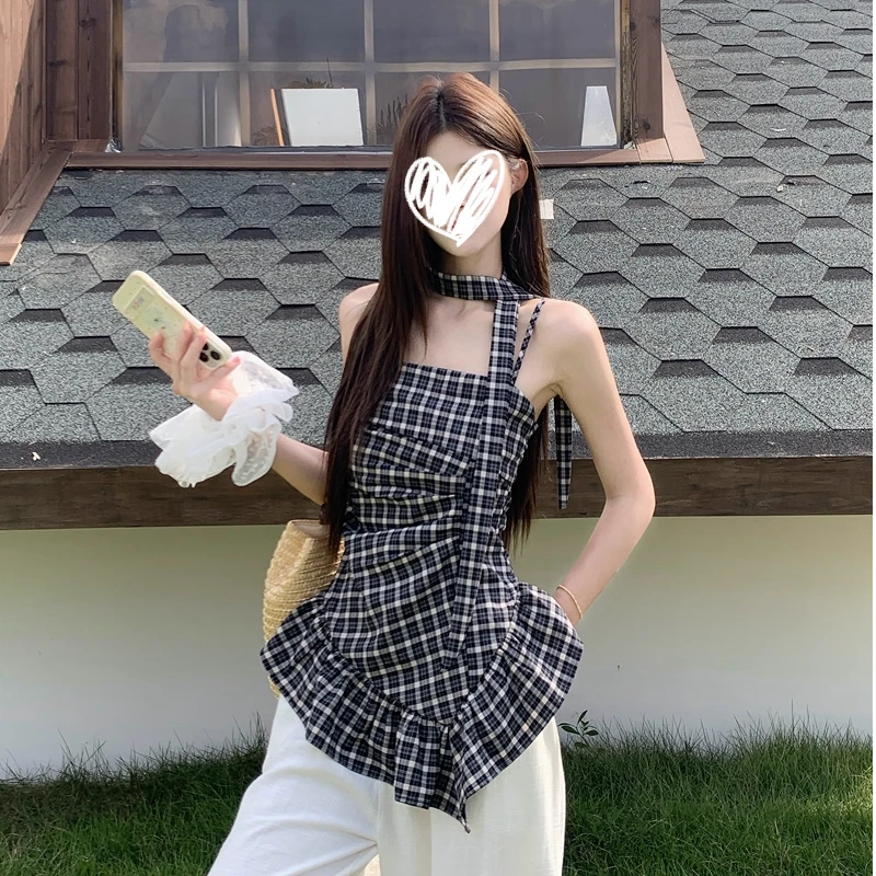 复古格子吊带背心女装夏季掐腰显瘦不规则露背上衣（配飘带）