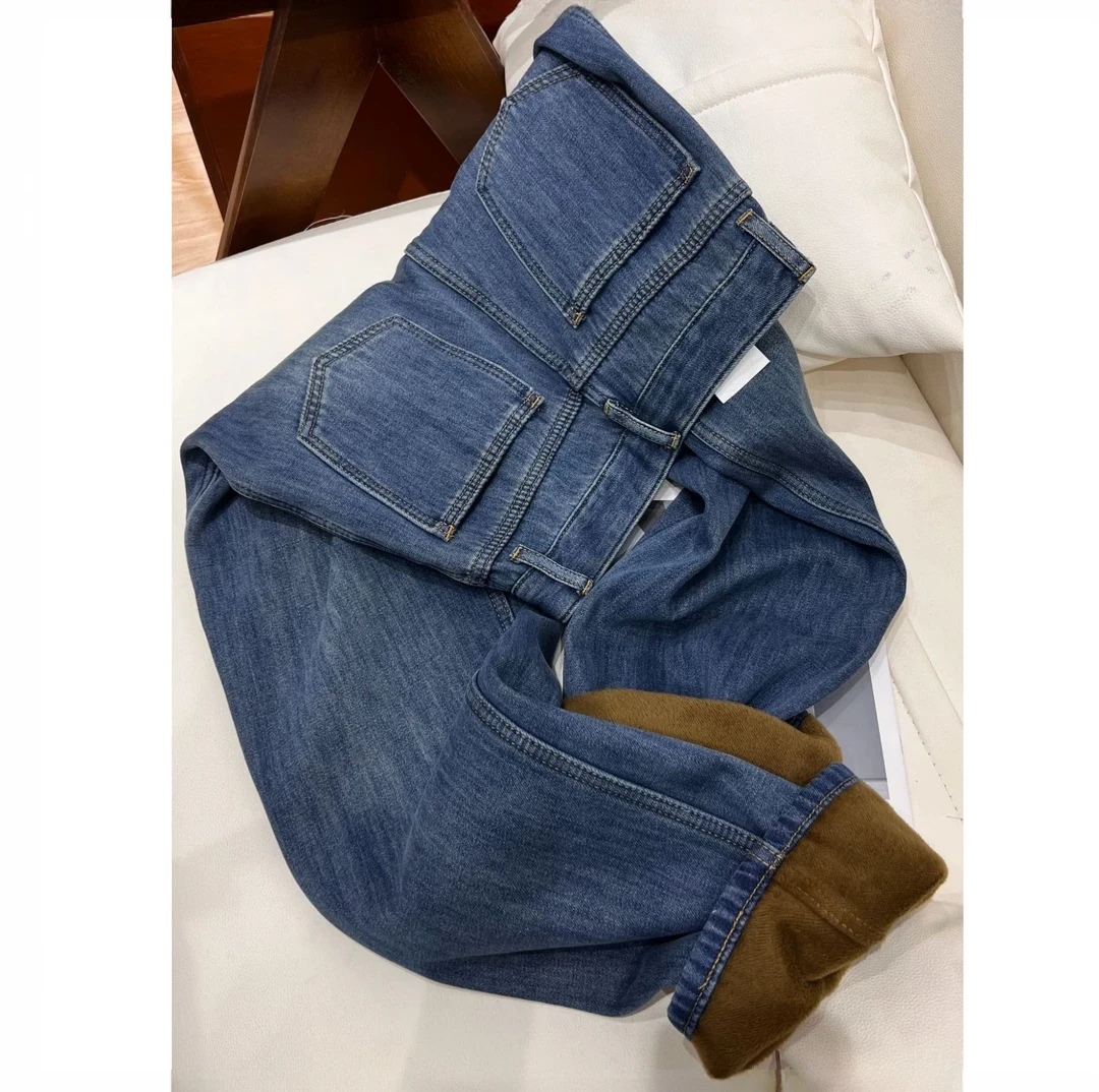 显瘦加绒窄版阔腿裤2025秋冬爆款高腰宽松直筒牛仔裤加厚拖地裤