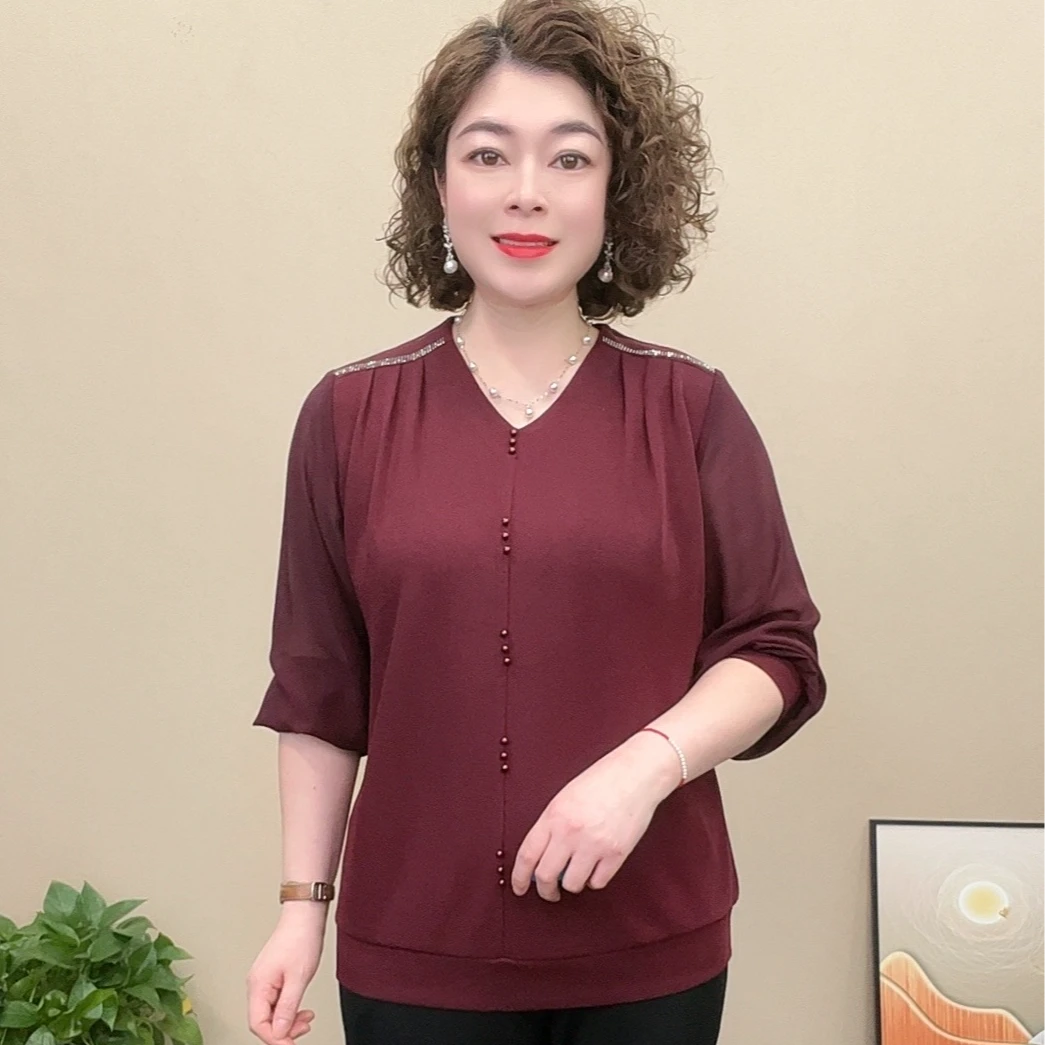 春夏款妈妈装V领气质薄款凉快拼接纯色宽松时尚洋气遮肚妈妈女装