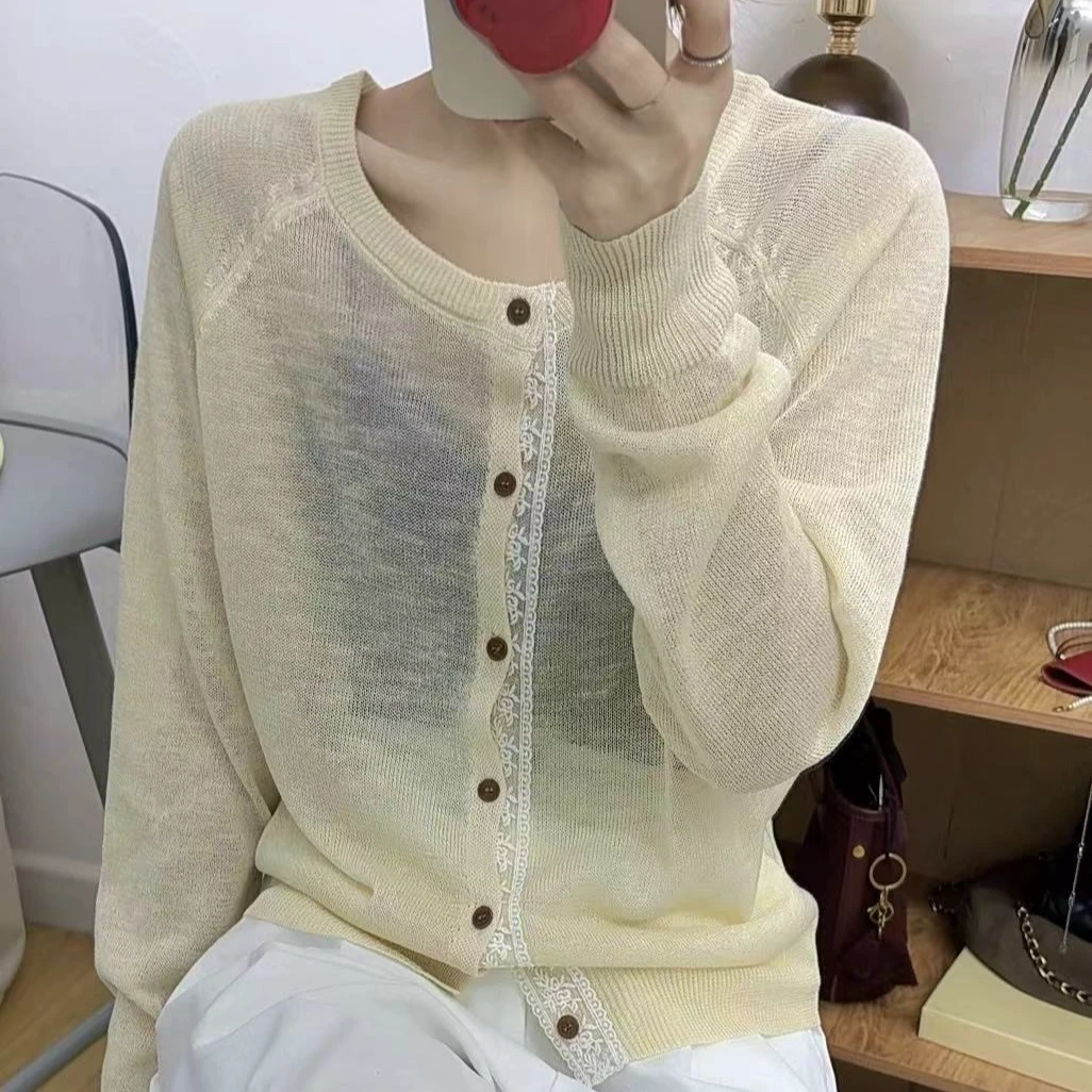 2竹节黄春夏季时尚长袖针织衫开衫软糯薄款显瘦女