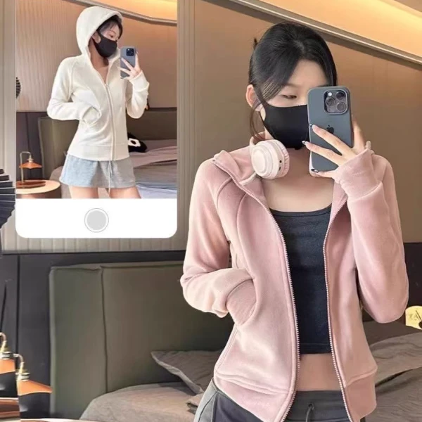 124春季简约修身设计感拉链上衣开衫女休闲百搭连帽卫衣外套