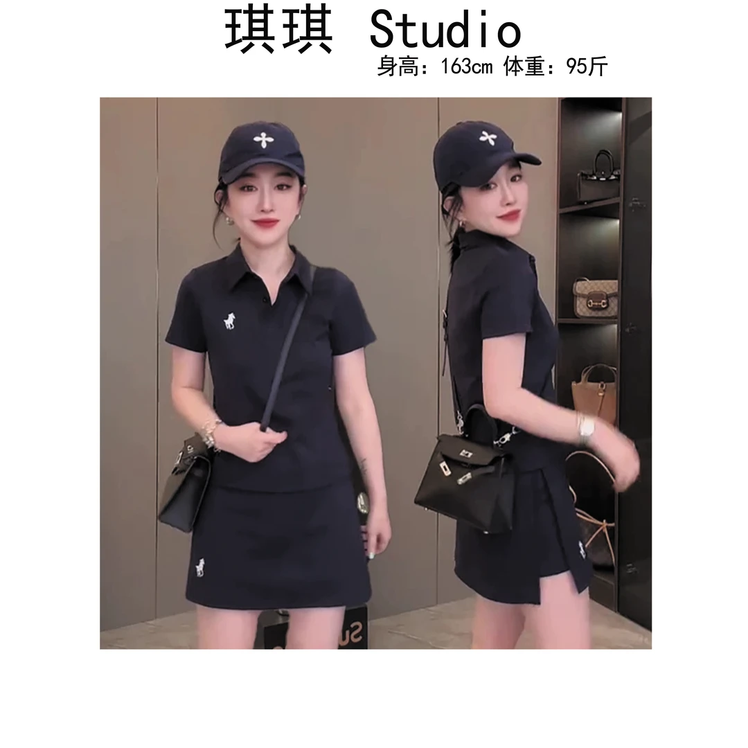 《琪琪家》夏季新款显瘦减龄小马标志短袖气质时尚裙裤两件套-M