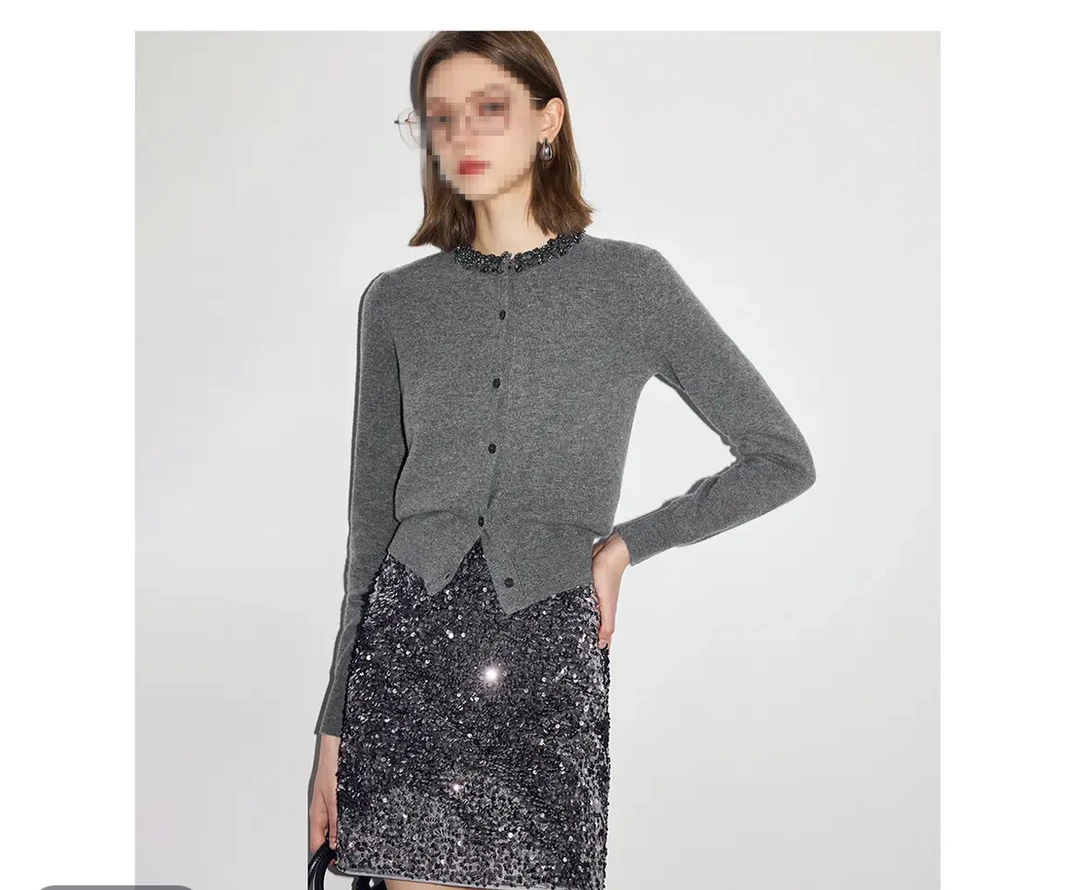 春季百搭款开衫长袖短款毛衣外套圆领亮片烫钻气质针织衫