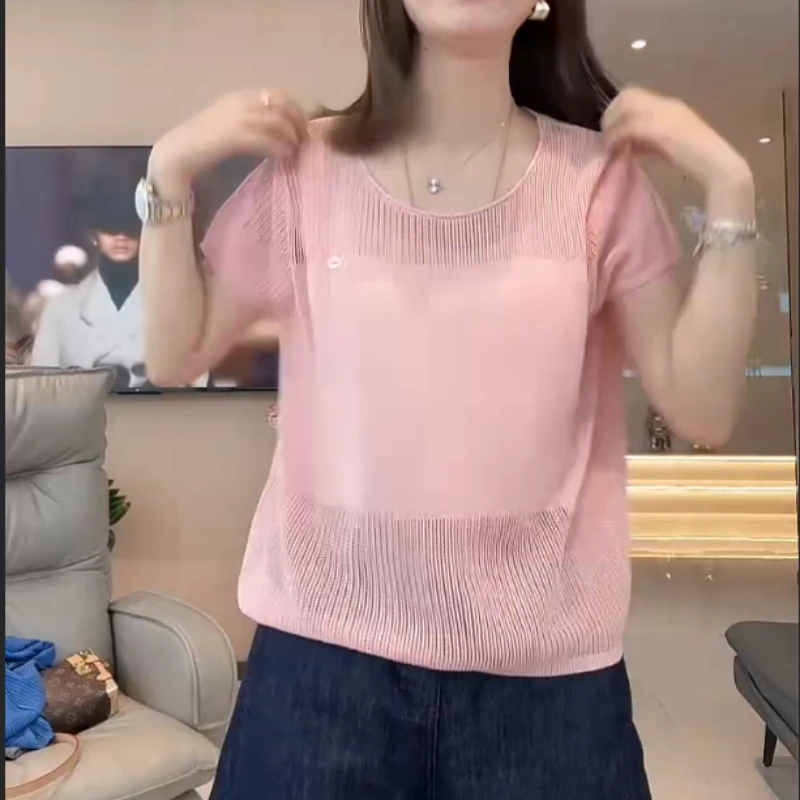 夏季镂空女纯色短袖毛针织衫时尚宽松针织衫套头显瘦上衣圆领