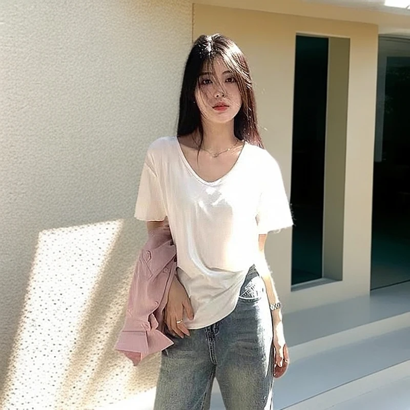 XGLMC大v领宽松慵懒感2025夏季新款纯色白色弹力短袖t恤女棉T