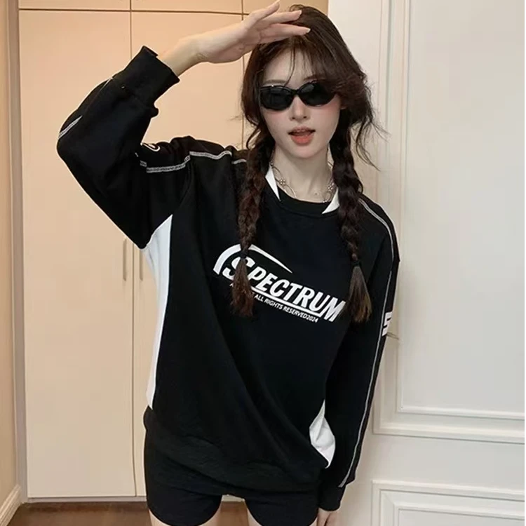 美式卫衣女秋冬高级感百搭显瘦黑色长袖字母印花别致上衣